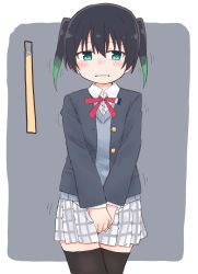 Rule 34 | 1girl, between legs, black hair, black jacket, black thighhighs, blush, border, buttons, clenched teeth, collared shirt, cowboy shot, embarrassed, female focus, flat chest, gradient hair, green eyes, green hair, grey background, grey sweater, hand between legs, have to pee, highres, jacket, long sleeves, looking to the side, love live!, love live! nijigasaki high school idol club, miniskirt, multicolored hair, neck ribbon, nose blush, open clothes, open jacket, outside border, own hands together, plaid, plaid skirt, pleated skirt, pocket, ponnu (tnpn2yw), red ribbon, ribbon, school uniform, shirt, short hair, sidelocks, simple background, skirt, solo, standing, straight-on, sweater, takasaki yu, teeth, thighhighs, trembling, twintails, two-tone hair, urine meter, v arms, white border, white shirt, white skirt, zettai ryouiki