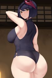 Rule 34 | 1girl, artist request, ass, bare shoulders, black hair, blush, breasts, erimiko, from behind, genshin impact, highres, huge ass, kujou sara, large breasts, leotard, looking at viewer, looking back, looking down, mask, mask on head, short hair, sideboob, sleeveless, solo, sweat, yellow eyes
