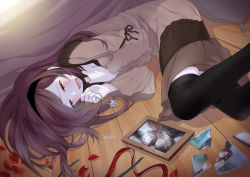 Rule 34 | 1girl, black thighhighs, broken glass, brown eyes, brown hair, crying, crying with eyes open, glass, hairband, heart, jewelry, long hair, lying, necklace, open mouth, original, pendant, petals, photo (object), red eyes, sad, socks, solo, stem (roam), tears, thighhighs, zpolice