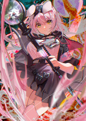 Rule 34 | 1girl, abstract background, animal ears, arknights, artist name, black hairband, black jacket, black skirt, breasts, cat ears, chinese commentary, closed mouth, clothes writing, commentary request, cowboy shot, garter straps, goldenglow (arknights), hair between eyes, hairband, high-waist skirt, highres, holding, holding staff, id card, jacket, large breasts, lightning bolt print, long hair, looking at viewer, open clothes, open jacket, pink hair, pink thighhighs, scissors, shirt, short sleeves, skirt, solo, staff, thighhighs, weibo watermark, white shirt, yellow eyes, zettai ryouiki