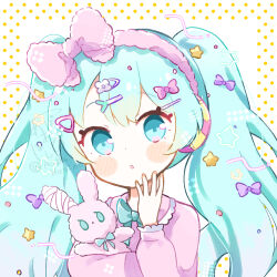 1girl absurdres aobahosino aqua_eyes aqua_hair blue_bow blush bow bowtie flower_hairpin frilled_hairband frills hair_bow hair_ornament hairband hairpin hand_up hatsune_miku highres holding holding_stuffed_toy long_hair long_sleeves looking_at_viewer open_mouth pink_bow pink_bowtie pink_hairband pink_shirt puffy_long_sleeves puffy_sleeves purple_bow shirt solo star_(symbol) star_hair_ornament stuffed_animal stuffed_rabbit stuffed_toy twintails upper_body very_long_hair vocaloid yume_kawaii