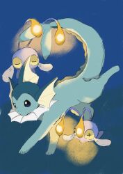 Rule 34 | animal focus, antennae, blue background, chinchou, closed mouth, colored sclera, creatures (company), cross-shaped pupils, game freak, gen 1 pokemon, gen 2 pokemon, glowing, highres, lxipceluceos5r6, nintendo, no humans, pokemon, pokemon (creature), symbol-shaped pupils, vaporeon, yellow sclera