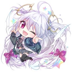 Rule 34 | 1girl, :d, absurdres, ahoge, amatsuji, black jacket, black skirt, black thighhighs, blush, bow, braid, chibi, commentary request, demon girl, demon tail, demon wings, dia (amatsuji), eyelashes, eyes visible through hair, fang, grey hair, hair between eyes, hair bow, hair spread out, hands up, happy, heart, heart tail, highres, hood, hood down, hooded jacket, jacket, jumping, long hair, looking at viewer, miniskirt, open clothes, open jacket, open mouth, open shirt, original, pink bow, pink ribbon, pleated skirt, pointing, pointing at viewer, red eyes, ribbon, shirt, simple background, single braid, skirt, sleeves past wrists, smile, solo, sparkling eyes, star (symbol), tail, thighhighs, two side up, v, very long hair, white background, white shirt, wings, zettai ryouiki