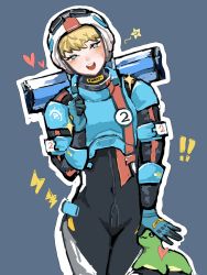 Rule 34 | !, !!, 1girl, absurdres, apex legends, armor, bai lan mei yitian, black bodysuit, blonde hair, blue eyes, blue gloves, blush, bodysuit, breastplate, chinese commentary, clenched hand, covered navel, facial scar, gloves, grey background, head tilt, heart, highres, hood, hooded bodysuit, lightning bolt symbol, looking at viewer, nessie (respawn), official alternate costume, open hand, scar, scar on cheek, scar on face, smile, star (symbol), straight-on, wattson (apex legends), white helmet, wired for speed wattson