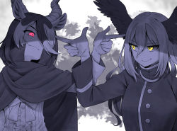 Rule 34 | 2girls, animal ears, antelope ears, antelope horns, arm at side, bald eagle (kemono friends), bird wings, blackbuck (kemono friends), blouse, cape, center frills, closed mouth, collared cape, collared jacket, finger gun, finger gun to head, finger to head, frills, greyscale, hair between eyes, hair over one eye, hand up, head wings, high collar, highres, horizontal pupils, horns, isobee, jacket, kemono friends, kemono friends 3, long sleeves, looking at another, medium hair, monochrome, multicolored hair, multiple girls, red eyes, shirt, smile, tsurime, two-tone hair, upper body, wings, yellow eyes