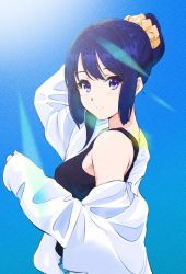 Rule 34 | 1girl, adjusting hair, bare shoulders, black camisole, blue eyes, blue sky, blush, camisole, closed mouth, expressionless, hair bun, hand up, hibike! euphonium, highres, jacket, kousaka reina, lens flare, long hair, long sleeves, looking at viewer, outdoors, purple hair, scrunchie, sky, solo, sososososo 1729, sun, white jacket