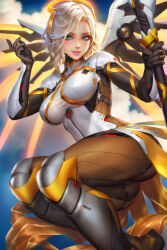Rule 34 | 1girl, ass, blonde hair, blue eyes, breasts, cloud, cloudy sky, highres, large breasts, looking at viewer, mechanical wings, medium hair, mercy (overwatch), neoartcore, overwatch, overwatch 2, paid reward available, sky, solo, staff, taut clothes, wings