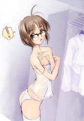 Rule 34 | 00s, 1girl, breasts, brown hair, camisole, comic party, glasses, lingerie, makimura minami, medium breasts, panties, short hair, solo, thighhighs, underwear