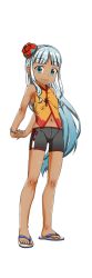 Rule 34 | 1girl, arms behind back, bike shorts, blue eyes, blue hair, blunt bangs, breasts, dark-skinned female, dark skin, flower, full body, hair flower, hair ornament, long hair, midriff, navel, official art, oshiro project:re, oshiro project:re, own hands together, sleeveless, small breasts, solo, takatsu keita, transparent background, urasoe (oshiro project)