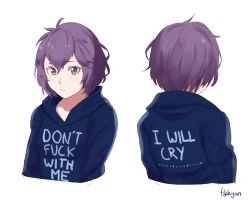 Rule 34 | 1girl, alternate costume, artist name, bernadetta von varley, closed mouth, clothes writing, fikkyun, fire emblem, fire emblem: three houses, from behind, grey eyes, messy hair, multiple views, nintendo, profanity, purple hair, short hair, simple background, upper body, white background