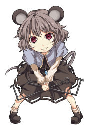 Rule 34 | 1girl, animal ears, capelet, dowsing rod, dress, female focus, from above, grey dress, grey hair, highres, itsuki (nanairo megane), jewelry, mouse ears, mouse tail, nanairomegane, nazrin, pendant, red eyes, smile, solo, tail, touhou, v arms