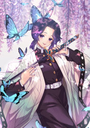 Rule 34 | 1girl, 2019, artist name, belt, black hair, blush, breasts, bug, butterfly, butterfly hair ornament, hair ornament, highres, holding, holding sword, holding weapon, insect, kimetsu no yaiba, kochou shinobu, long sleeves, looking at viewer, lucidsky, medium breasts, multicolored hair, nail polish, open mouth, purple eyes, purple hair, purple nails, short hair, smile, solo, sword, teeth, two-tone hair, upper teeth only, weapon, white belt