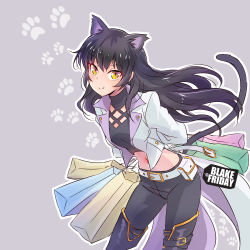 Rule 34 | 1girl, animal ears, arms behind back, bag, belt, belt pouch, black footwear, black friday, black hair, black pants, black shirt, blake belladonna, blush, boots, cat, cat ears, cat tail, character name, closed mouth, cowboy shot, highres, iesupa, jacket, leaning forward, long hair, long sleeves, looking at viewer, navel, open clothes, open jacket, outline, pants, paw print, paw print background, pouch, pun, rwby, shirt, shopping, shopping bag, smile, standing, tail, thigh boots, thighhighs, white jacket, white outline, yellow eyes