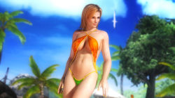Rule 34 | 1girl, 3d, bikini, blonde hair, blue eyes, breasts, cleavage, cloud, dead or alive, dead or alive 5, female focus, highres, large breasts, nail polish, nature, navel, official art, official wallpaper, outdoors, plant, sky, solo, swimsuit, tecmo, tina armstrong, wallpaper
