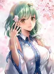 Rule 34 | 1girl, bad id, bad pixiv id, bare shoulders, blush, brown eyes, cherry blossoms, closed mouth, detached sleeves, flower, frog hair ornament, green hair, hair flower, hair ornament, highres, kochiya sanae, long hair, looking at viewer, smile, snake hair ornament, solo, touhou, tsukiriran, upper body