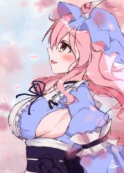 Rule 34 | 1girl, blue hat, blue kimono, blurry, blurry background, blush, breasts, commentary, from side, hat, highres, ibuibuyou, japanese clothes, kimono, large breasts, looking at viewer, medium hair, mob cap, pink eyes, pink hair, saigyouji yuyuko, sash, sideboob, solo, touhou, triangular headpiece