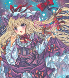 Rule 34 | 1girl, :d, adapted costume, blonde hair, blush, bow, breasts, brooch, choker, cowboy shot, dot nose, dress, dress bow, fireflies, frilled choker, frilled dress, frilled hat, frilled sleeves, frills, gap (touhou), hair bow, hair ribbon, hand up, hat, hat ribbon, jewelry, lace, lace-trimmed dress, lace trim, long hair, long sleeves, looking at viewer, marker (medium), mob cap, open mouth, purple background, purple bow, purple choker, purple dress, purple eyes, purple ribbon, red bow, red ribbon, ribbon, rui (sugar3), sample watermark, shikishi, skirt hold, small breasts, smile, solo, striped, striped bow, striped ribbon, touhou, traditional media, tress ribbon, very long hair, watermark, white hat, white sleeves, wide sleeves, yakumo yukari