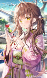 Rule 34 | 1girl, bare tree, blue sky, blush, bridge, brown hair, building, cloud, commentary request, day, fujima takuya, holding, japanese clothes, kimono, lamppost, long hair, long sleeves, looking at viewer, obi, original, outdoors, parted lips, pink kimono, railing, river, sash, sky, solo, tree, twintails, twitter username, very long hair, water, wide sleeves, window, yellow eyes
