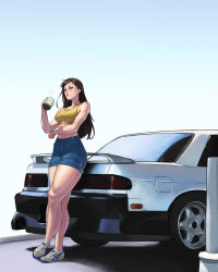 1girl absurdres arm_across_waist capcom car chun-li coffee_mug crop_top cup denim denim_shorts erzomori hair_down high-waist_shorts highres leaning_against_vehicle motor_vehicle mug official_alternate_costume shoes short_shorts shorts sneakers solo steam street_fighter street_fighter_ii_(series) tank_top thick_thighs thighs