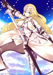 Rule 34 | 1girl, absurdres, armor, armored dress, blue eyes, breasts, chain, cleavage, detached sleeves, dutch angle, expressionless, fate/grand order, fate (series), headpiece, highres, jeanne d&#039;arc (fate), jeanne d&#039;arc (ruler) (fate), jeanne d&#039;arc (third ascension) (fate), keisuke desu~, large breasts, long hair, petals, sheath, solo, sword, unsheathing, waist cape, weapon