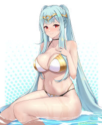 Rule 34 | 1girl, absurdres, adapted costume, aqua hair, armpit crease, bare arms, bare shoulders, bikini, black choker, breasts, choker, cleavage, collarbone, epic seven, gold trim, halterneck, halterneck, hand on own chest, hand up, headgear, highres, large breasts, long hair, looking at viewer, multi-strapped bikini, navel, red eyes, revision, roana (epic seven), sidelocks, sitting, skindentation, smile, solo, stomach, string bikini, swimsuit, thighs, twomoon, very long hair, wet, white bikini