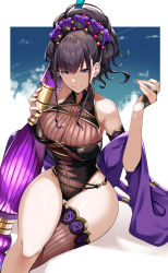 Rule 34 | 1girl, armlet, bare shoulders, black gloves, black one-piece swimsuit, blue sky, breasts, covered navel, fate/grand order, fate (series), fingerless gloves, flower, gloves, gold trim, hair flower, hair ornament, hair up, half gloves, highleg, highleg swimsuit, highres, kouda hayato (e-gis), large breasts, long hair, looking at viewer, murasaki shikibu (fate), murasaki shikibu (swimsuit rider) (fate), murasaki shikibu (swimsuit rider) (first ascension) (fate), one-piece swimsuit, oversized object, pen, purple eyes, purple hair, shawl, single thighhigh, sky, smile, swimsuit, thighhighs, thighs