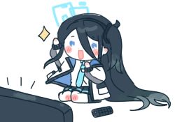 Rule 34 | 1girl, aris (blue archive), arms up, black hair, blue archive, chibi, controller, long hair, looking at another, penguin (tendouaris), remote control, school uniform, simple background, sitting, smile, solo, television, white background