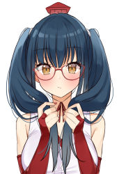 Rule 34 | 1girl, absurdres, blue hair, breasts, brown eyes, choco tanuki, closed mouth, collarbone, expressionless, glasses, highres, large breasts, long hair, looking at viewer, nail polish, nijisanji, red-framed eyewear, red nails, simple background, sleeveless, solo, twintails, virtual youtuber, white background, yamagami karuta