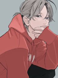 Rule 34 | 1boy, 3rb4p, absurdres, black eyes, black pants, bright pupils, clip studio paint (medium), closed mouth, commentary, drawstring, fingernails, grey background, grey hair, hand on own chin, highres, hood, hood down, hoodie, long sleeves, looking at viewer, looking to the side, male focus, original, pants, red hoodie, short hair, short ponytail, simple background, sleeves past wrists, solo, white pupils