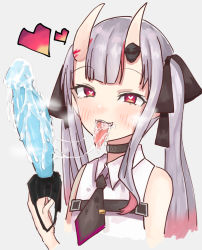 Rule 34 | 1girl, bare shoulders, black ribbon, blush, collar, dildo, dildo under mask, fellatio, heart, heart-shaped pupils, highres, hime apple, hololive, horns, implied fellatio, long tongue, mask, mouth mask, multicolored hair, nakiri ayame, nakiri ayame (streetwear), necktie, oni, oral, red eyes, ribbon, saliva, saliva trail, sex toy, shirt, simple background, skin-covered horns, solo, symbol-shaped pupils, tongue, tongue out, twintails, virtual youtuber, white shirt