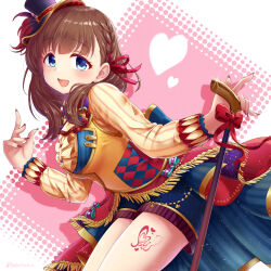Rule 34 | 1girl, argyle, argyle clothes, argyle jacket, blue eyes, blue hat, blue sash, blue shorts, blush, bow, braid, breasts, brown hair, chiyosuke (nosuke21), frilled jacket, frills, from side, glint, hair bow, hair ribbon, hands up, hat, heart, heart background, highres, holding, holding staff, idolmaster, idolmaster cinderella girls, idolmaster cinderella girls starlight stage, jacket, leg tattoo, long sleeves, looking at viewer, medium breasts, nail polish, open mouth, overskirt, pink background, pink ribbon, polka dot, polka dot background, red nails, ribbon, sakuma mayu, sash, shirt, short hair, shorts, shorts under skirt, smile, solo, staff, striped clothes, striped shirt, tattoo, twitter username, two-sided fabric, two-sided skirt, yellow jacket, yellow shirt