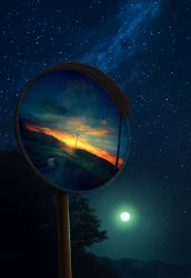 Rule 34 | cloud, cloudy sky, commentary request, highres, milky way, mks, moon, night, night sky, no humans, original, outdoors, reflection, road, scenery, sky, star (sky), starry sky, sunset, traffic mirror, tree