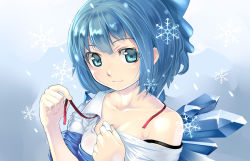 Rule 34 | 1girl, bad id, bad pixiv id, bare shoulders, blue eyes, blue hair, bow, breasts, cirno, cleavage, collarbone, dress shirt, face, hair bow, light smile, looking at viewer, matching hair/eyes, off shoulder, ryou (effort), shirt, short hair, small breasts, smile, snowflakes, solo, strap slip, touhou, undressing, white shirt, wings