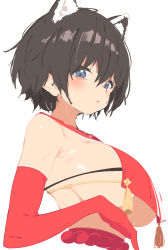 Rule 34 | 1girl, absurdres, animal ear fluff, animal ears, bare shoulders, black hair, blue archive, blue eyes, blush, breast curtains, breasts, closed mouth, cropped torso, elbow gloves, gloves, highres, large breasts, looking at viewer, rasusurasu, red gloves, revealing clothes, short hair, simple background, solo, tassel, tsubaki (blue archive), underboob, upper body, white background