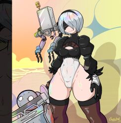 Rule 34 | 1girl, 2023, 2b (nier:automata), 2others, absurdres, artist name, ass, black blindfold, black hairband, blindfold, boots, breasts, cameltoe, camera, cleavage, cleavage cutout, clothing cutout, covered navel, curvy, dahs, dated, feather-trimmed sleeves, gloves, gunshad, hairband, high heel boots, high heels, highleg, highleg leotard, highres, holding, holding sword, holding weapon, juliet sleeves, large breasts, leotard, long sleeves, multiple others, nier:automata, nier (series), pod (nier:automata), puffy sleeves, robot, sky, smile, standing, sword, thigh boots, thighhighs, thighhighs under boots, thong leotard, weapon, white hair, white leotard, wide hips