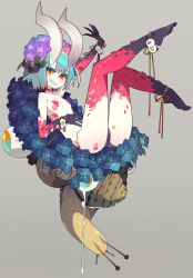 Rule 34 | + +, 1girl, animal, ankle ribbon, aqua hair, arm up, black panties, black skin, blue flower, breasts, choker, colored skin, commentary request, dripping eye, eyeball, feet up, fingernails, flower, grey background, grin, hair flower, hair ornament, hand on own stomach, highres, horns, hydrangea, kometsubu, leg ribbon, legs up, looking at viewer, multicolored skin, oni horns, original, oversized animal, panties, parted lips, pasties, pointy ears, purple flower, red choker, red scales, red skin, ribbon, scales, sharp fingernails, sharp teeth, short hair, simple background, small breasts, smile, smirk, snail, snail hair ornament, snail shell, solo, teeth, topless, underwear, wrist ribbon, yellow ribbon