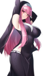 Rule 34 | 1girl, absurdres, armpits, arms up, belt, black gloves, black pants, black shirt, blouse, blunt bangs, breasts, commentary request, commission, copyright request, covered navel, cowboy shot, elbow gloves, gloves, habit, highres, large breasts, long hair, looking at viewer, nun, pants, pelvic curtain, purple eyes, purple hair, seele0907, shirt, simple background, skeb commission, sleeveless, sleeveless shirt, solo, standing, straight hair, taut clothes, taut shirt, very long hair, white background, white belt