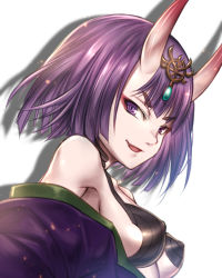 Rule 34 | 1girl, armpits, bad id, bad pixiv id, bare shoulders, blunt bangs, breasts, fang, fate/grand order, fate (series), from side, headpiece, horns, looking at viewer, looking to the side, medium breasts, nasaniliu, off shoulder, parted lips, purple eyes, purple hair, short hair, shuten douji (fate), simple background, skin-covered horns, smile, solo, underboob, upper body, v-shaped eyebrows, white background
