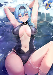 Rule 34 | 1girl, armpits, arms behind head, arms up, artist name, blue hair, blue necktie, breasts, breasts apart, center opening, unworn clothes, eula (genshin impact), genshin impact, hairband, highres, hiroki ree, ice, large breasts, leg up, looking at viewer, navel, necktie, outdoors, partially submerged, sleeveless, swimsuit, thighs, water