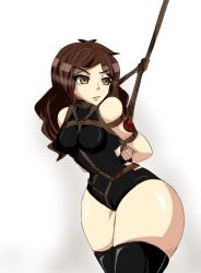 Rule 34 | 1girl, arms behind back, bare shoulders, bdsm, between breasts, black leotard, black nails, black thighhighs, bondage, bound, bound arms, box tie, breasts, brown eyes, brown hair, cowboy shot, kou-shibasaki, leaning forward, leotard, long hair, looking to the side, nail polish, original, rope, shibari, shibari over clothes, simple background, sleeveless, solo, suspension, tattoo, thick thighs, thighhighs, thighs, white background