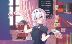 Rule 34 | 1girl, arched back, black gloves, black hairband, black shawl, book, bookshelf, chain, chalkboard, character request, commentary request, commission, copyright request, cup, curtains, dress, earrings, glasses, gloves, grey hair, hair between eyes, hair down, hair ornament, hairband, highres, holding, holding book, holding paper, indoors, jewelry, kagawa yuusaku, looking at viewer, paper, red eyes, room, shawl, sitting, skeb commission, sleeveless, sleeveless dress, solo, sticky note, teacup, translation request, virtual youtuber, wavy hair, window