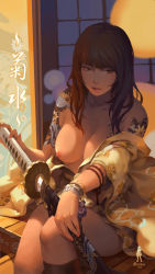 Rule 34 | 1girl, artist name, bracelet, breasts, brown hair, collarbone, gisuka yan, highres, japanese clothes, jewelry, katana, large breasts, lipstick, long hair, looking at viewer, makeup, nipples, parted lips, realistic, sitting, solo, sword, tattoo, weapon