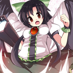Rule 34 | 1girl, arm cannon, black hair, black wings, bow, cape, clenched hand, fa no hito, female focus, hair bow, highres, long hair, open mouth, red eyes, reiuji utsuho, skirt, solo, third eye, touhou, weapon, wings, wrist cuffs