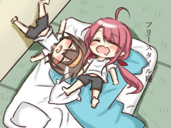Rule 34 | 10s, 2girls, ahoge, alternate costume, asymmetrical bangs, barefoot, brown hair, chibi, closed eyes, commentary request, drooling, fang, futon, hair ribbon, hairband, jako (jakoo21), kantai collection, kawakaze (kancolle), long hair, low twintails, lying, multiple girls, on back, open mouth, pillow, red eyes, red hair, ribbon, saliva, shiratsuyu (kancolle), sleeping, tatami, translated, tress ribbon, twintails, very long hair