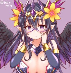 Rule 34 | 1girl, angel wings, bad id, bad pixiv id, bespectacled, black hair, black wings, breasts, cleavage cutout, clothing cutout, crown, earrings, female focus, flower, glasses, hair flower, hair ornament, hand on own face, jewelry, large breasts, long hair, mashiro miru, persephone (p&amp;d), pointy ears, purple eyes, puzzle &amp; dragons, simple background, solo, twitter username, wings