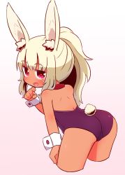 Rule 34 | 1girl, :d, animal ear fluff, animal ears, ass, bare shoulders, blonde hair, blush, cropped legs, dark-skinned female, dark skin, fake animal ears, fingernails, gradient background, hair between eyes, hand on own thigh, heart, heart-shaped pupils, high ponytail, highres, leaning forward, leotard, long hair, looking at viewer, looking back, naga u, open mouth, original, pink background, playboy bunny, ponytail, purple leotard, rabbit ears, rabbit girl, rabbit tail, red eyes, sidelocks, simple background, smile, solo, strapless, strapless leotard, symbol-shaped pupils, tail, tan, white background, wrist cuffs