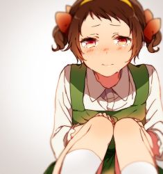 Rule 34 | 10s, 1girl, alternate hairstyle, blurry, blush, bow, brown hair, closed mouth, collared shirt, crying, crying with eyes open, depth of field, dress, green dress, hair bow, hands on own knees, hyouka, ibara mayaka, kiri (lwp01 lav), looking at viewer, nose blush, pinafore dress, red bow, red eyes, shirt, short hair, short twintails, sitting, sleeveless dress, solo, tears, twintails, white background, white legwear, white shirt, wing collar