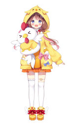 Rule 34 | 1girl, :d, animal hood, bird hood, blue eyes, blush, brown hair, commentary request, dress, egg hair ornament, food-themed hair ornament, frilled dress, frilled thighhighs, frills, full body, hair ornament, hiyori chihiyo, hood, hood up, hooded jacket, hugging object, jacket, long hair, long sleeves, looking at viewer, low twintails, multicolored hair, official art, open clothes, open jacket, open mouth, orange dress, pan (mimi), pink hair, puffy long sleeves, puffy sleeves, shoes, simple background, sleeves past fingers, sleeves past wrists, smile, solo, standing, straight-on, stuffed animal, stuffed chicken, stuffed toy, tachi-e, thighhighs, twintails, two-tone hair, vee (vtuber), virtual youtuber, white background, white thighhighs, yellow footwear, yellow jacket