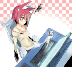 Rule 34 | 1girl, accident, animal ears, blue eyes, computer, kanikama, computer keyboard, long sleeves, monitor, original, red hair, solo, spill
