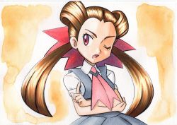 Rule 34 | 1girl, ascot, brown background, brown hair, collared shirt, commentary, creatures (company), dress, eyelashes, game freak, grey dress, hair ribbon, highres, index finger raised, long hair, looking to the side, nintendo, oka mochi, one eye closed, open mouth, pink ascot, pink ribbon, pokemon, pokemon oras, purple eyes, ribbon, roxanne (pokemon), shirt, short sleeves, solo, tongue, traditional media, upper body, white shirt
